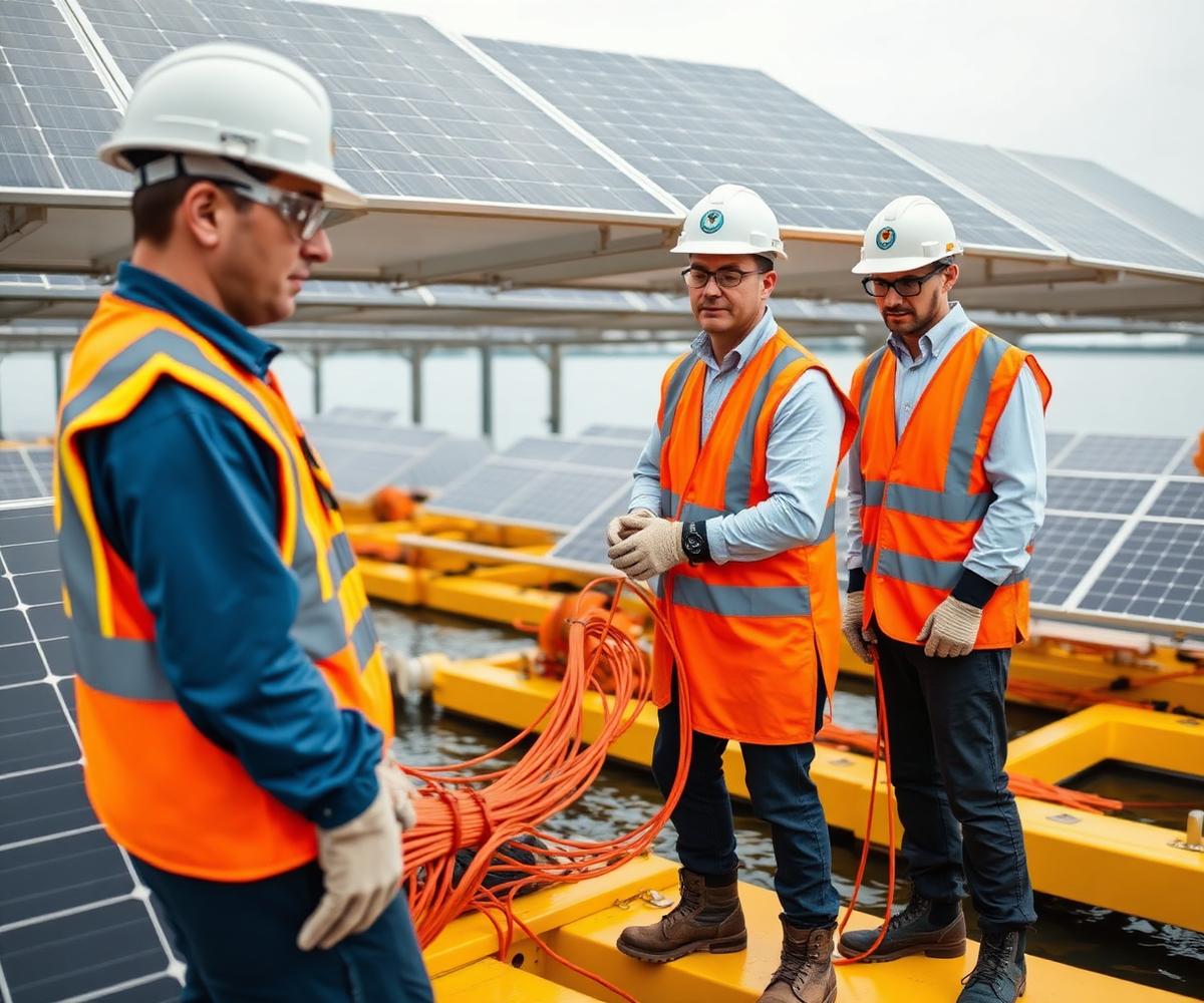 Crews installing electrical cabling on a floating solar array